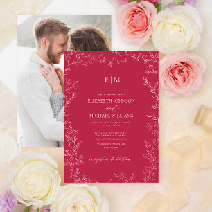 Elegant Vivid Magenta Leaf Photo Monogram Wedding Invitation