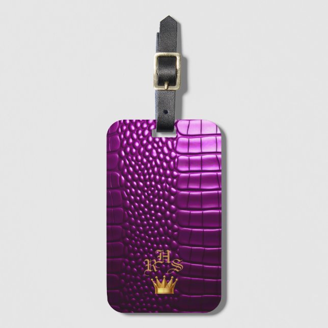 Elegant Vivid Purple Faux Crocodile Monogrammed  Luggage Tag (Front Vertical)