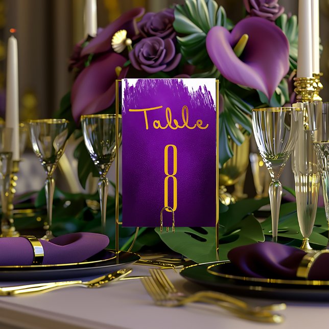 Elegant Vivid Violet Purple and Gold Wedding  Table Number (Modern Sleep Vivid Purple Ink Splash Table Number )