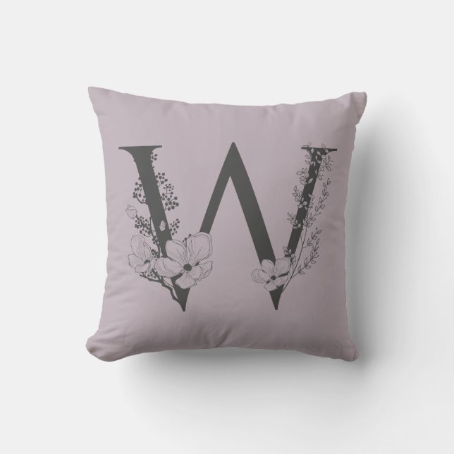Elegant W Boho Floral Monogram Initial Lilac Grey Cushion (Front)