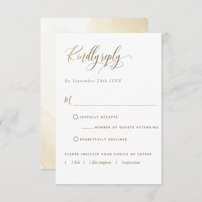 Elegant W/Without Meals, Golden Yellow, Wedding RSVP Card (Front/Back)