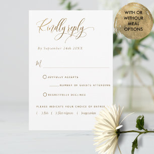 Elegant W/Without Meals, White and Gold, Wedding RSVP Card