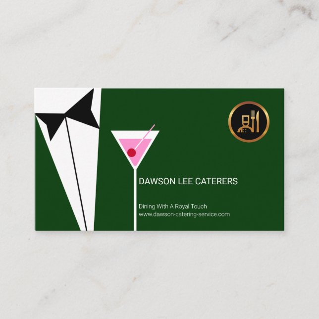 Elegant Waiter's Green Tuxedo Suit Martini Glass Business Card (Front)