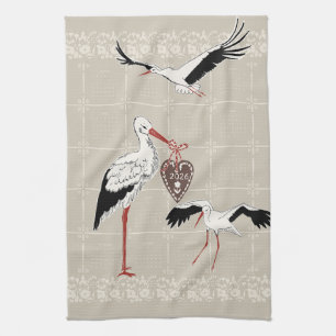 Elegant Warm Beige Folk Stork 2026 Calendar Tea Towel
