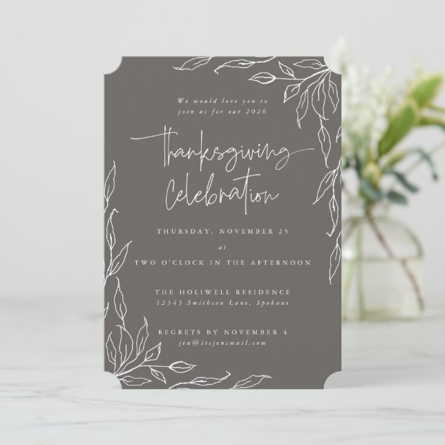 Elegant Warm Grey Modern Leaf Motif Thanksgiving Invitation (Standing Front)