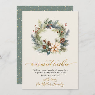 Elegant Warmest Wishes Gold Script Wreath Greenery Holiday Card