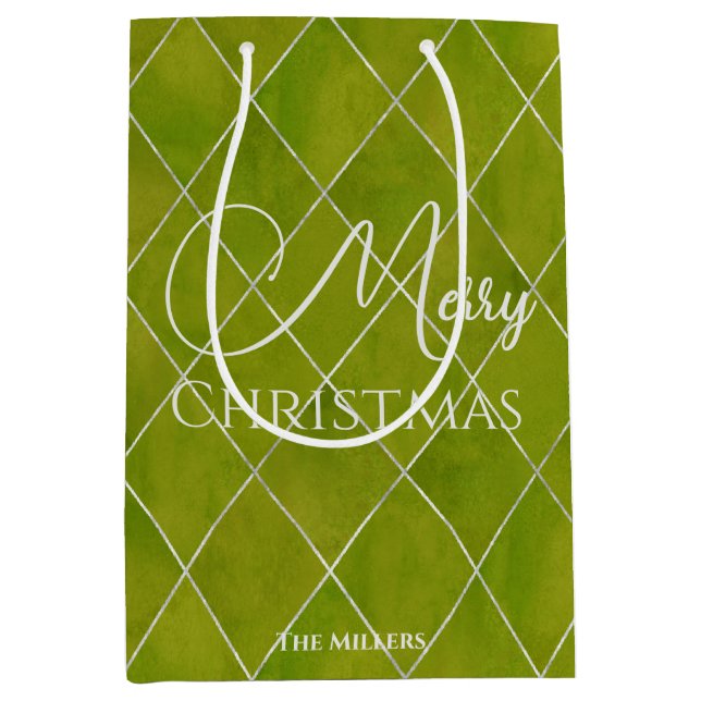 Elegant Wasabi Green Argyle Pattern Christmas Medium Gift Bag (Front)