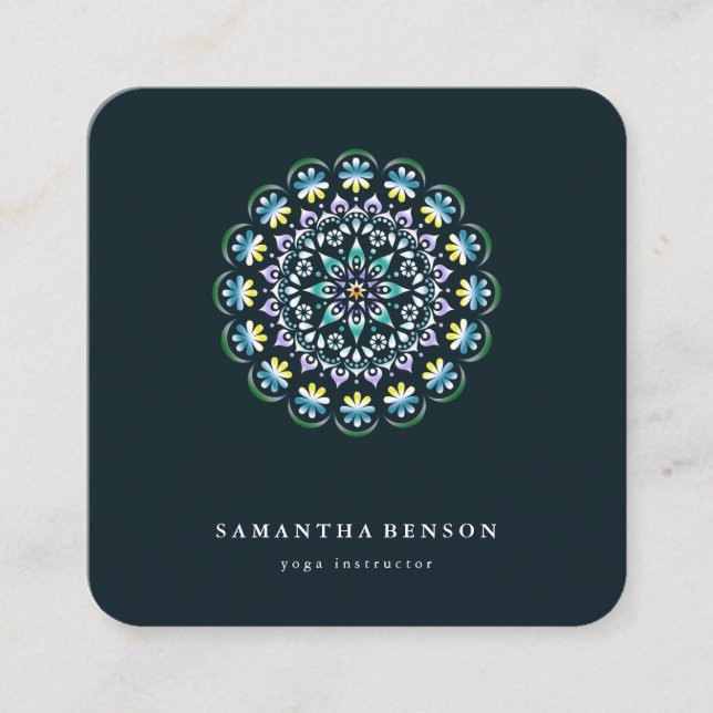 Elegant Water Colour Lotus Flower Logo Yoga Square Business Card (Front)