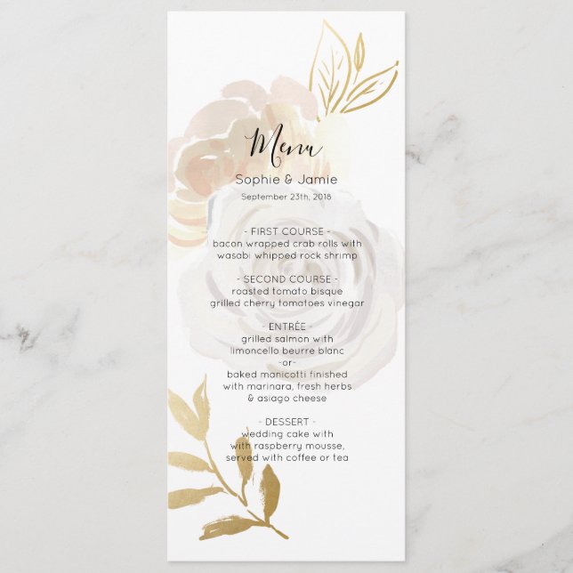 Elegant Water Colour Roses Wedding Menu Card (Front)