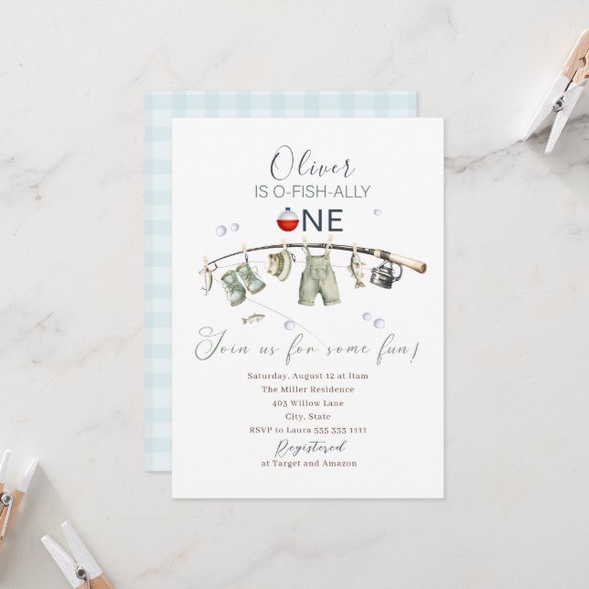 Elegant Watercolor A  little fisherman one birthda Invitation (Front/Back In Situ)