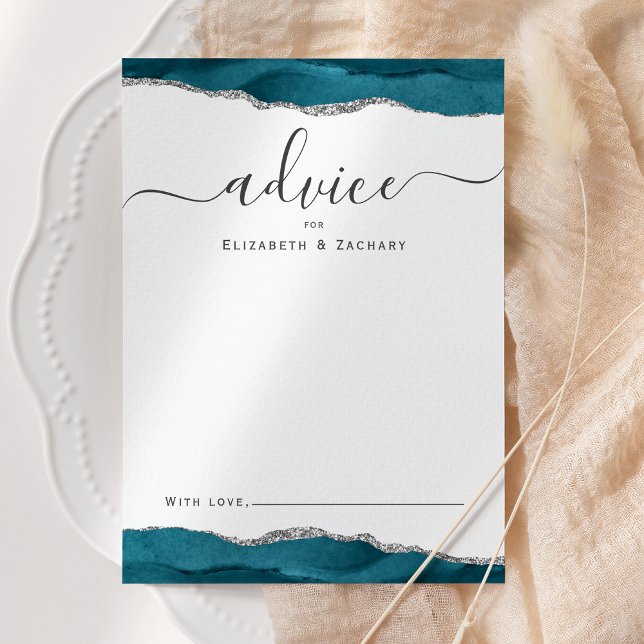Elegant Watercolor Agate Teal Silver Wedding Advice Card (Creator Uploaded)