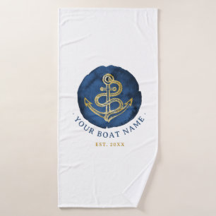 Elegant Watercolor Anchor Nautical Name Navy Blue Bath Towel
