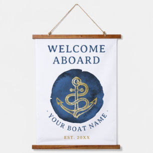 Elegant Watercolor Anchor Nautical Name Navy Blue Hanging Tapestry