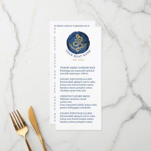 Elegant Watercolor Anchor Nautical Name Navy Blue Menu