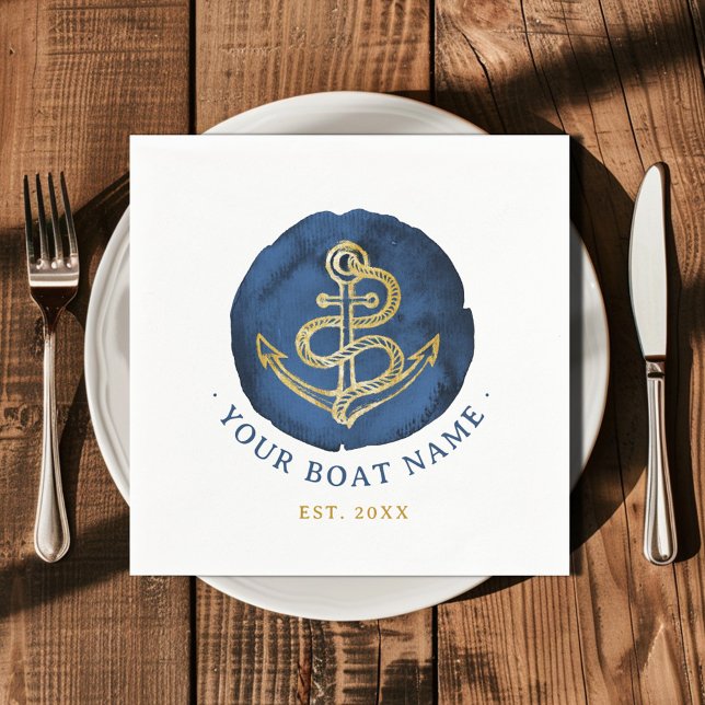  Elegant Watercolor Anchor Nautical Name Navy Blue Napkin (Creator Uploaded)