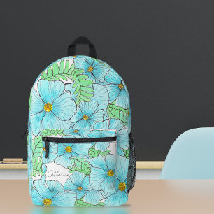 Elegant Watercolor Aqua Blue Flowers and Greenery Printed Backpack
