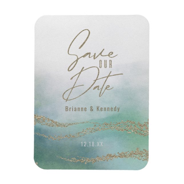 Elegant Watercolor Aqua Ocean & Gold Save the Date Magnet (Vertical)