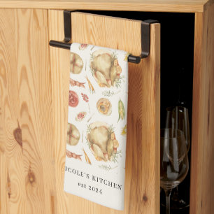 Elegant Watercolor Autumn Fall Turkey Thanksgiving Tea Towel