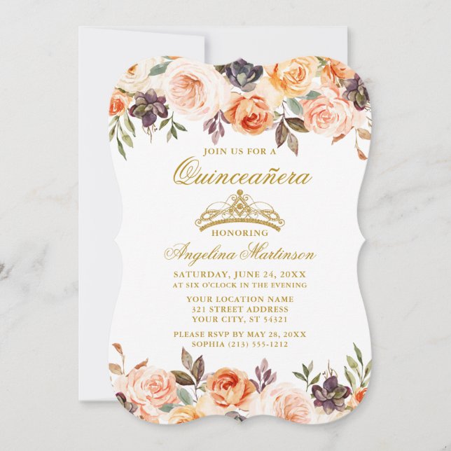 Elegant Watercolor Autumn Floral Gold Quinceanera Invitation (Front)