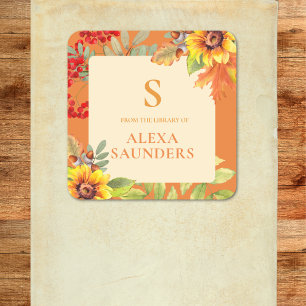 Elegant Watercolor Autumn Floral Monogrammed Square Sticker