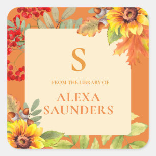 Elegant Watercolor Autumn Floral Monogrammed Square Sticker