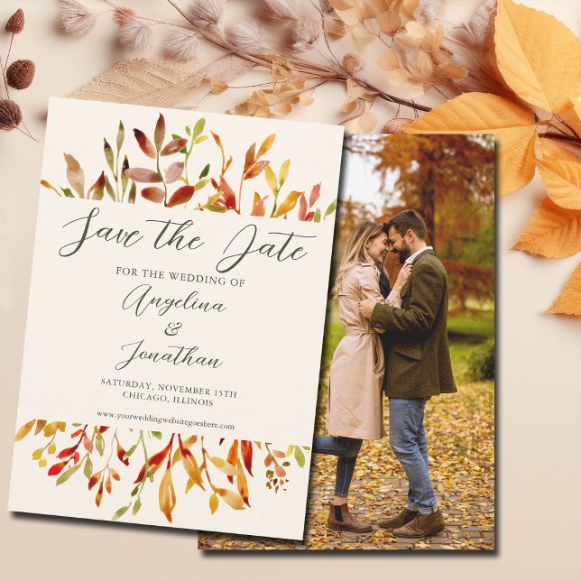 Elegant Watercolor Autumn Leaves Couple Photo Save The Date (Creator Uploaded)