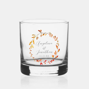 Elegant Watercolor Autumn Leaves Custom Wedding Whiskey Glass