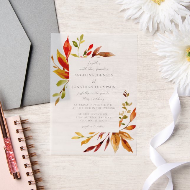 Elegant Watercolor Autumn Leaves Wedding Vellum Invitations (Wedding)