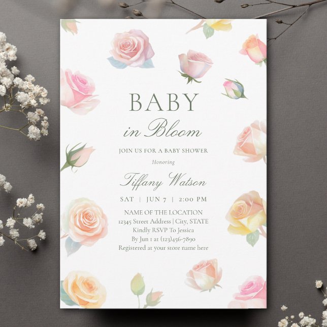 Elegant Watercolor Baby in Bloom Girl Baby Shower Invitation (Creator Uploaded)