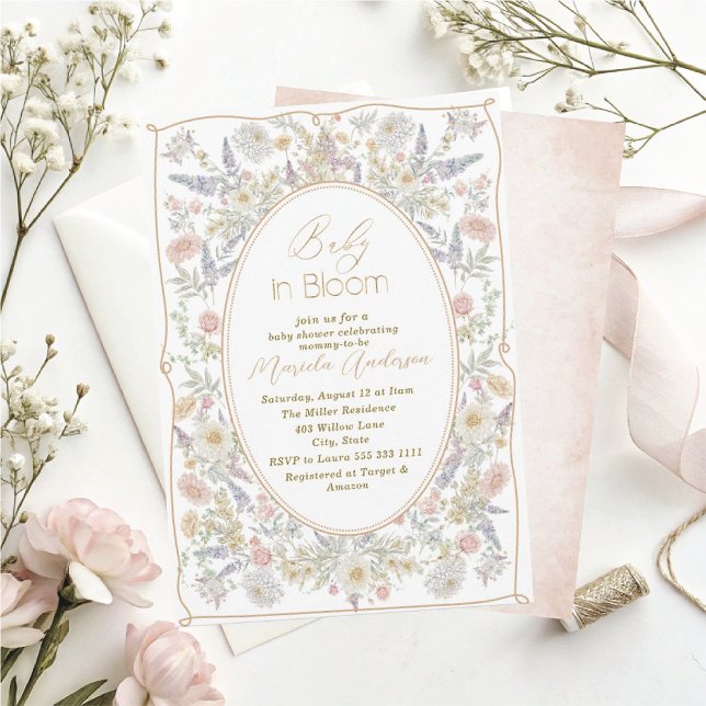 Elegant Watercolor Baby in Blooom Pink flowers   B Invitation (Creator Uploaded)