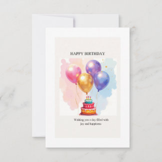 Elegant Watercolor Balloons & Birthday Cake Happy  Thank You Card