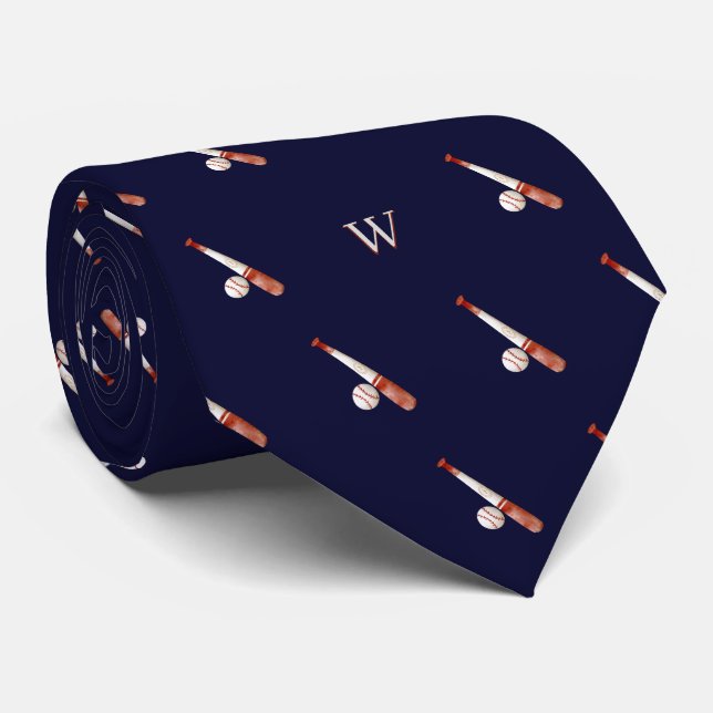 Elegant Watercolor Baseball Monogram Initial Blue Tie (Rolled)