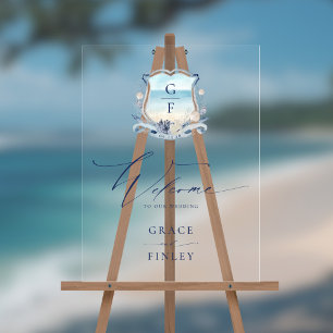 Elegant Watercolor Beach Monogram Crest Wedding Acrylic Sign