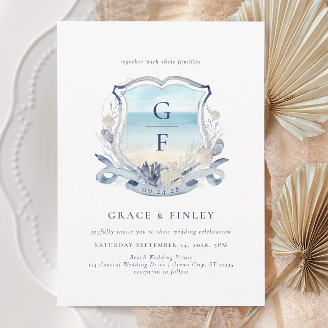 Elegant Watercolor Beach Monogram Crest Wedding Invitation (Creator Uploaded)