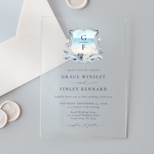 Elegant Watercolor Beach Monogram Wedding Crest Acrylic Invitations (Creator Uploaded)