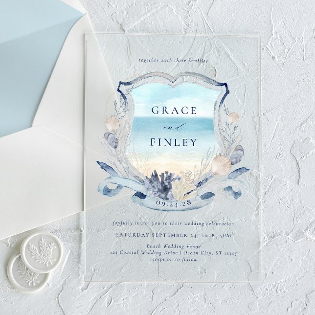 Elegant Watercolor Beach Wedding Crest Acrylic Invitations (Creator Uploaded)