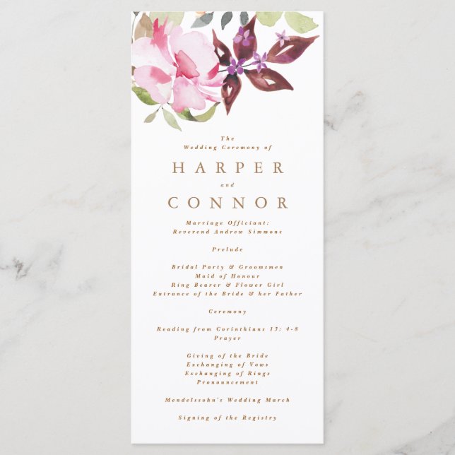 Elegant Watercolor Beautiful Wedding Program (Front)