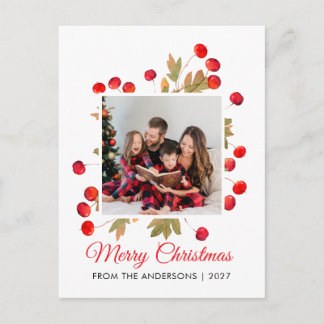 Elegant Watercolor Berries Merry Christmas Photo Holiday Postcard