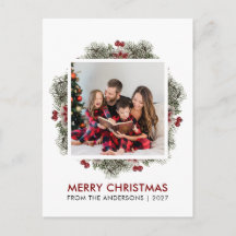 Elegant Watercolor Berries Merry Christmas Photo