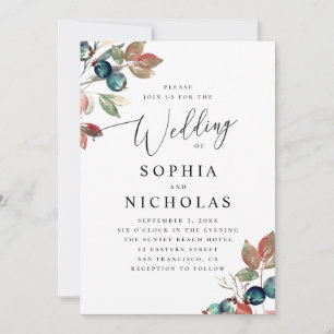 Elegant Watercolor Berry Wedding. Botanical Garden Invitation