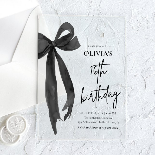 Elegant Watercolor Black Bow 16th Birthday Party Acrylic Invitations (Creator Uploaded)