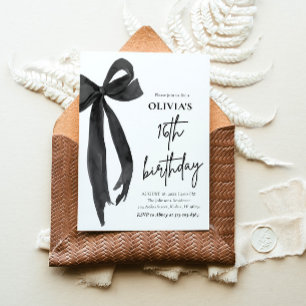Elegant Watercolor Black Bow 16th Birthday Party Invitation