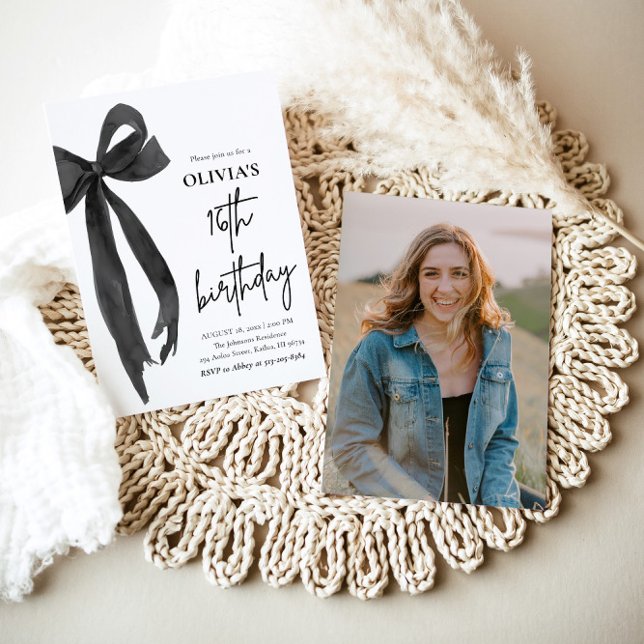 Elegant Watercolor Black Bow 16th Birthday Party Invitation (Watercolor Modern Elegant Coquette Black Bow Photo 16th Birthday Party Invitation)