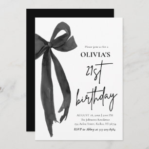 Elegant Watercolor Black Bow 21th Birthday Party Invitation