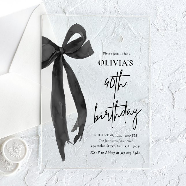 Elegant Watercolor Black Bow 40th Birthday Party Acrylic Invitations (Creator Uploaded)