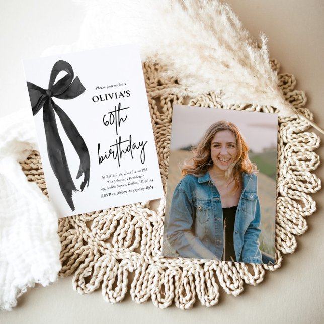 Elegant Watercolor Black Bow 60th Birthday Party Invitation (Watercolor Modern Elegant Coquette Black Bow Photo 60th Birthday Party Invitation)