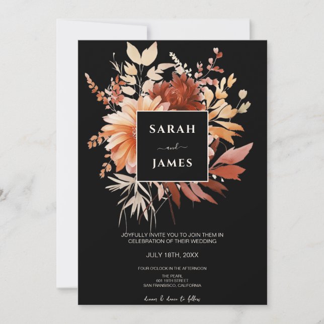 Elegant Watercolor Black Floral Fall Wedding      Invitation (Front)