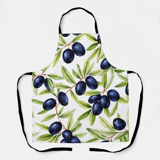 Elegant Watercolor Black Olives Seamless Pattern  Apron (Front)