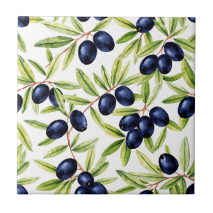 Elegant Watercolor Black Olives Seamless Pattern  Ceramic Tile