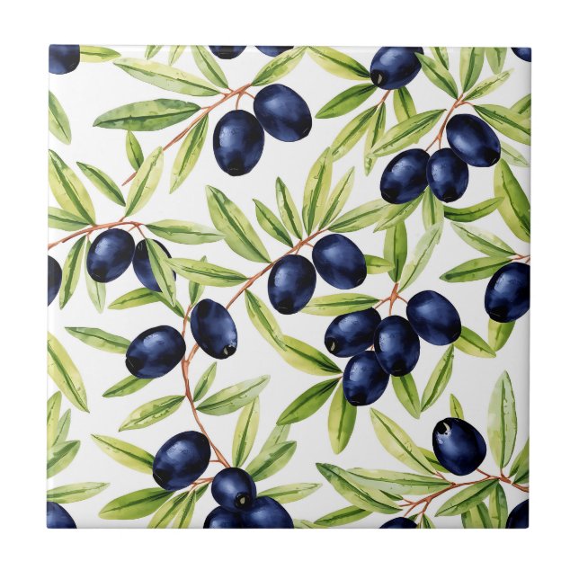 Elegant Watercolor Black Olives Seamless Pattern  Ceramic Tile (Front)